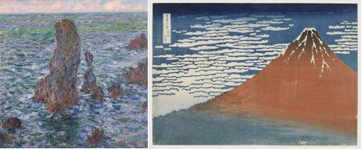 Die Felspyramiden von Port-Coton von Claude Monet und Klare Morgendämmerung bei Südwind von Katsushika Hokusai